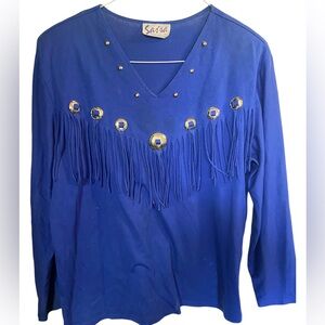 Saisa vintage western vneck blue ladies blouse top large